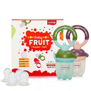 LuvLap Baby Food and Fruit Feeder Twin Pack with Three Feeder Sack Sizes, BPA Free, Green & Pink